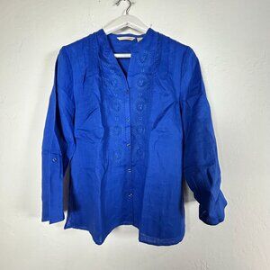 Ecol·o·gie Womens Blue Long-Sleeve Embroidered Button-Up Linen Shirt Size Large